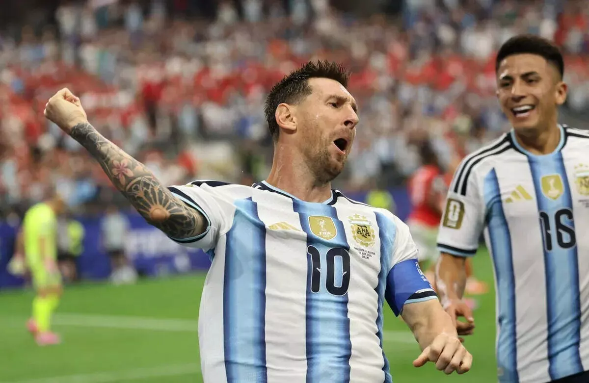 Argentina's Lionel Messi celebrates scoring their first goal vs Austria