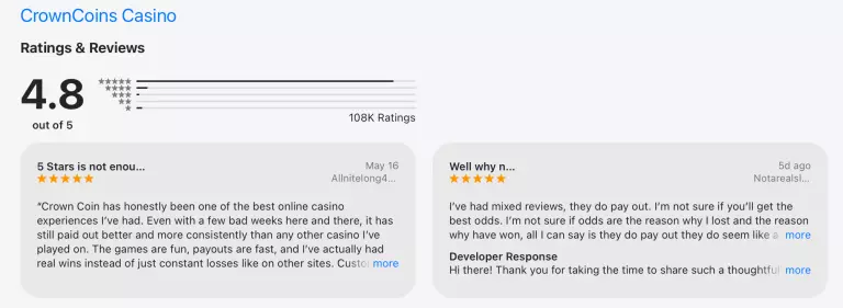 Crown Coins Casino App Store Rating