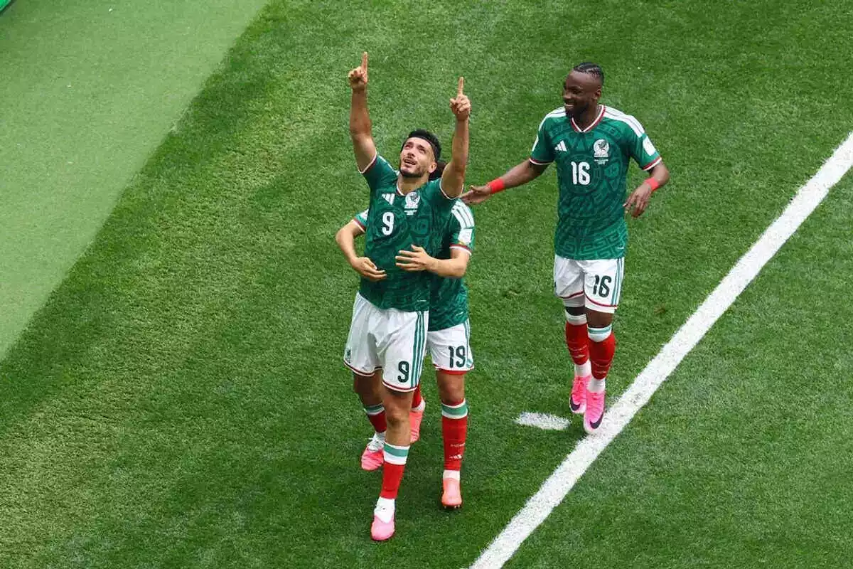 Mexico's Raul Jimenez celebrates scoring against South Korea