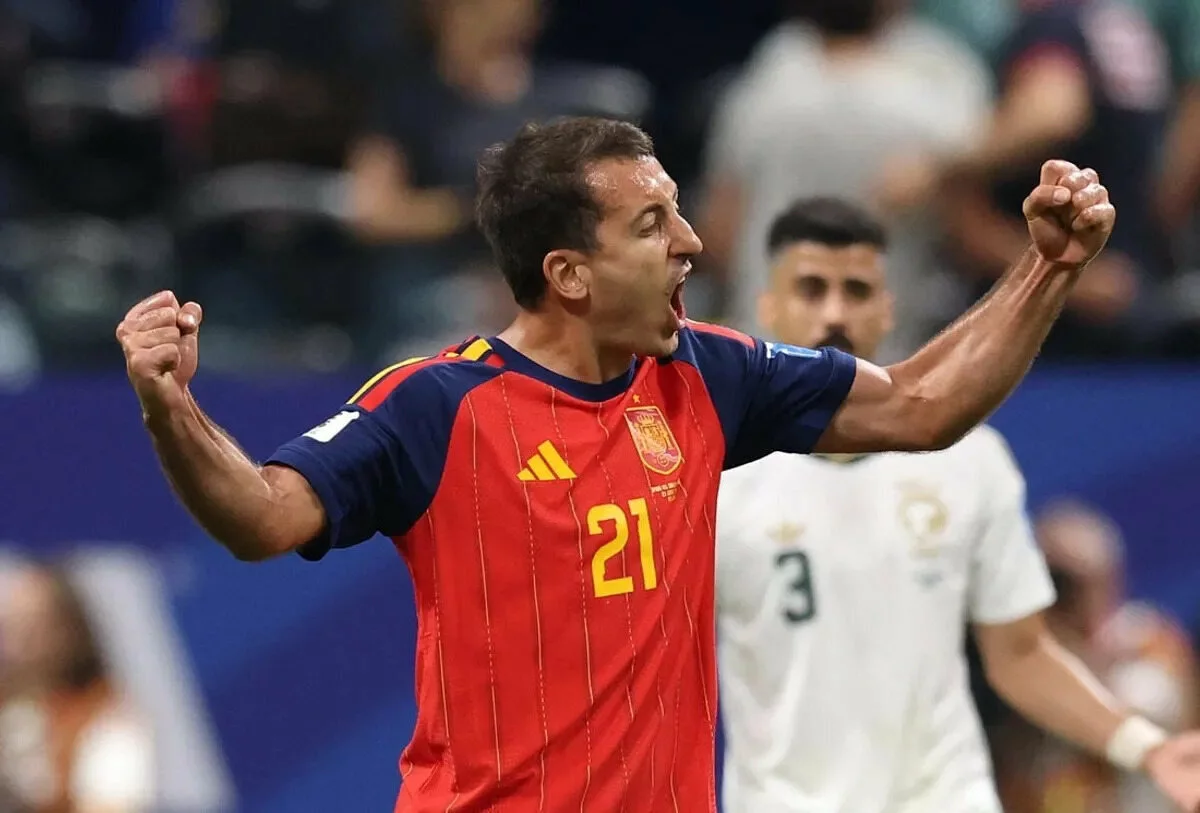 Spain's Mikel Oyarzabal celebrates scoring their second goa vs Saudi Arabia at the 2026 World Cup
