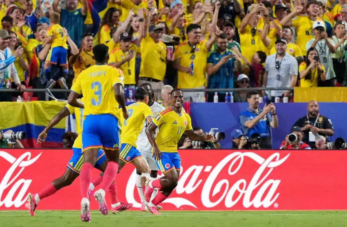Colombia's Jhon Arias celebrates scoring their first goal
