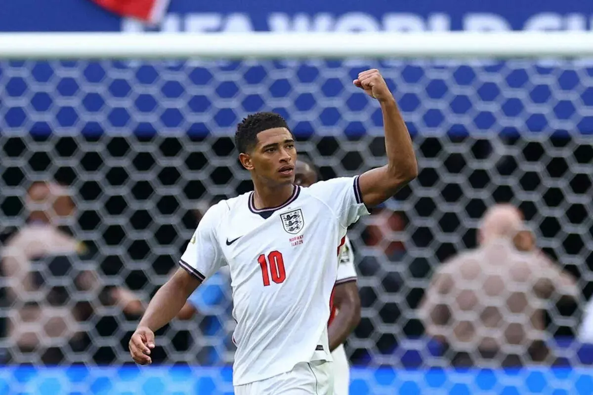 England's Jude Bellingham celebrates scoring their second goal vs Norway