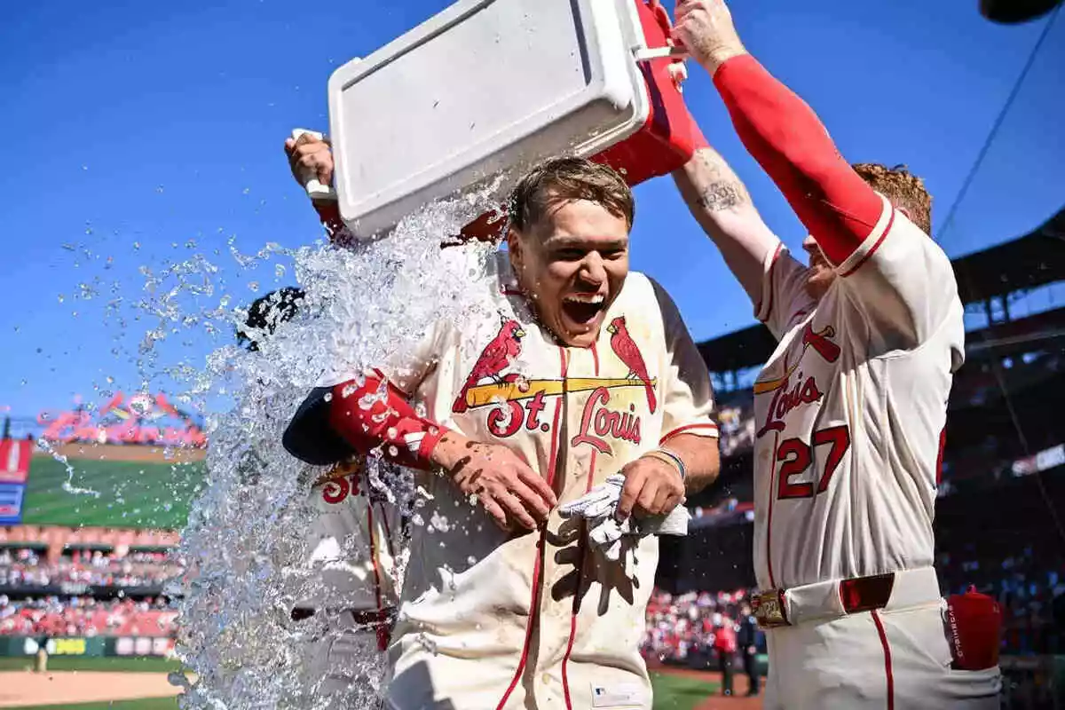 St. Louis Cardinals shortstop JJ Wetherholt (26) is doused with water after walk-off two run vs Rays