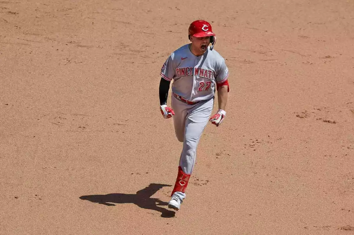 Reds first baseman Sal Stewart celebrates