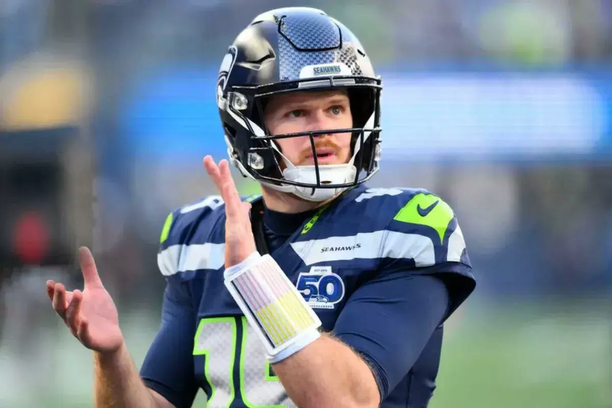 Seattle Seahawks quarterback Sam Darnold looks on before the 2026 NFC Championship Game against the Los Angeles Rams