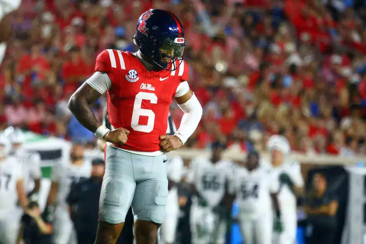 Mississippi Rebels quarterback Trinidad Chambliss reacts