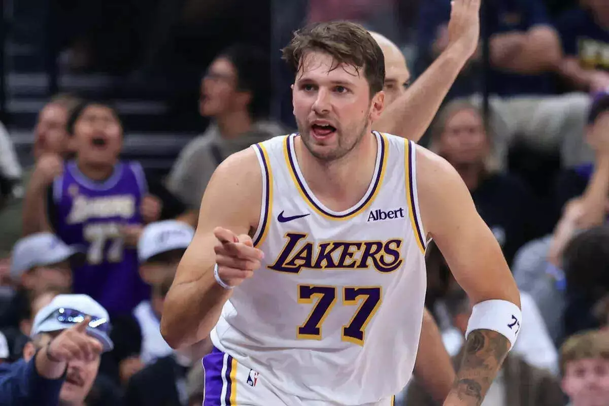 Los Angeles Lakers guard Luka Doncic reacts