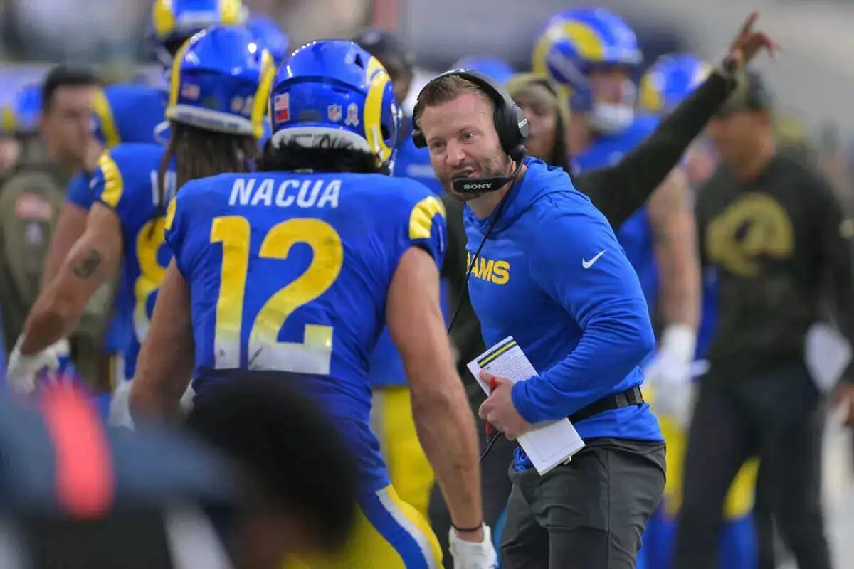 Rams head coach Sean McVay and receiver Puka Nacua celebrae after touchdown