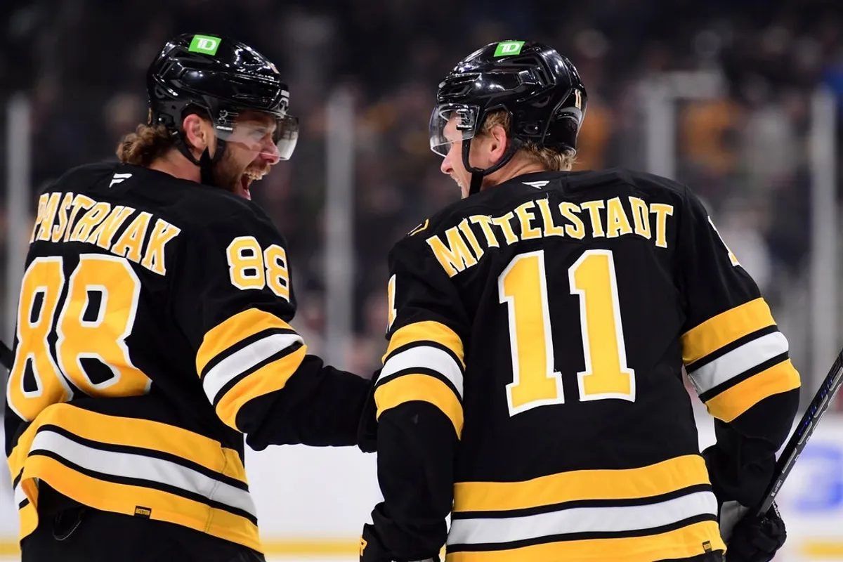 Boston Bruins right wing David Pastrnak celebrates goal by Casey Mittelstadt