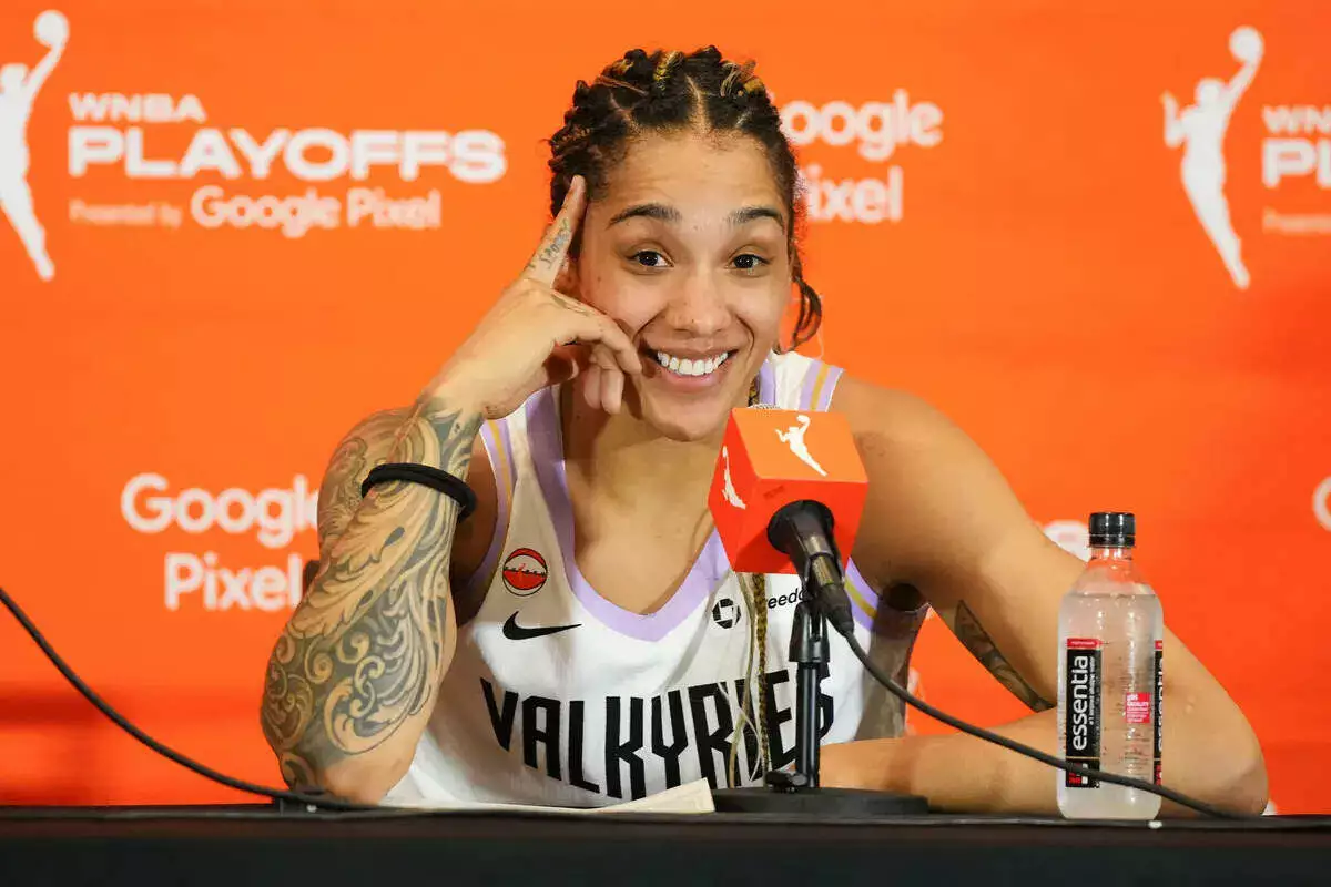 Golden State Valkyries forward Gabby Williams speaks at a news conference