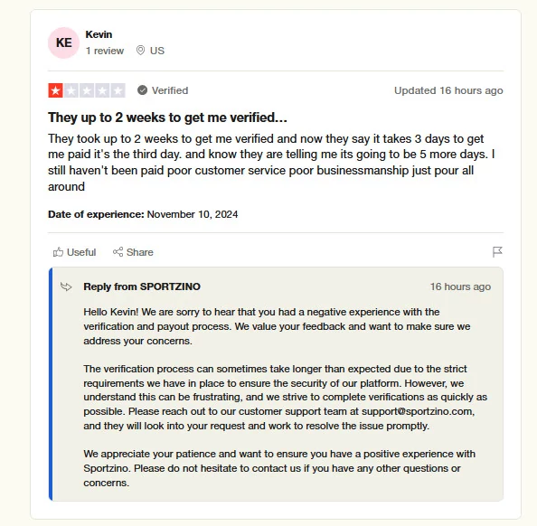 sportzino negative user review